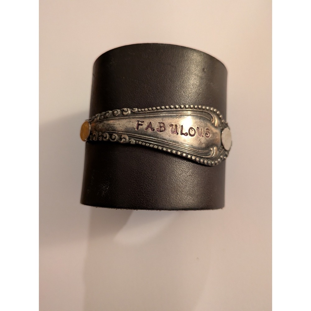 Handmade‎ Leather Cuff Bracelet Vintage Repurposed Spoon Fabulous Stamped Metal